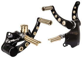 Custom Motorcycle Forward Controls with Brass Gems for Twin Cam Softails