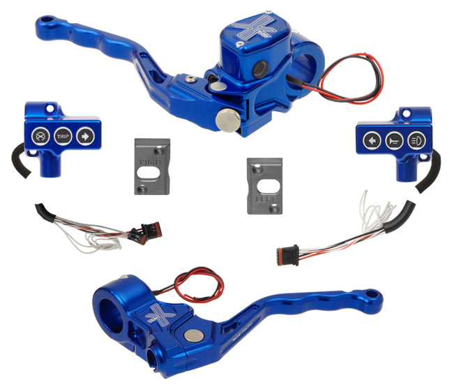 hand controls RR90X radial brake master cylinder, cable clutch, switches – CAN Bus A for 2011-17 Softails, 2012-17 Dynas – blue