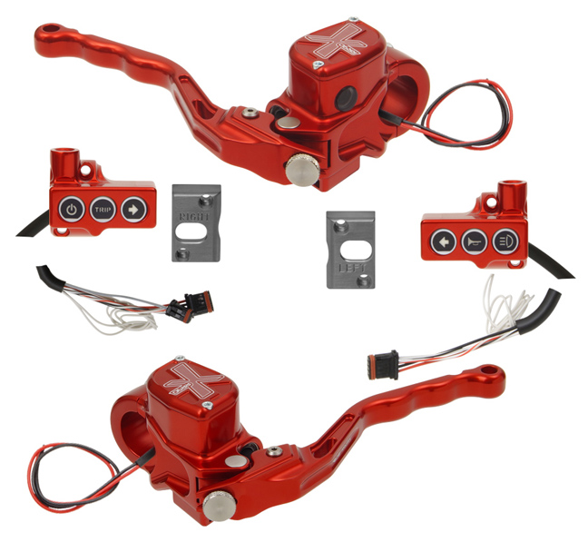 hand controls RR90X radial brake master cylinder, hydraulic clutch, switches – CAN Bus B for 2016-up Softails, 2014-up Sportsters keyless ignition – red