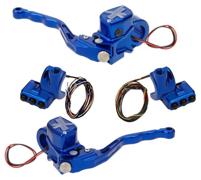 hand controls RR90X radial brake master cylinder w/ brake switch for dual caliper + hydraulic clutch w/ switch + 3-button switch clamps w/ mirror hole – blue