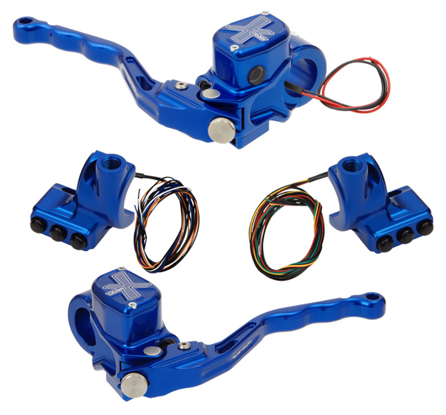 hand controls RR90X radial brake master cylinder w/ brake switch for dual caliper + hydraulic clutch w/out switch + 3-button switch clamps w/ mirror hole – blue