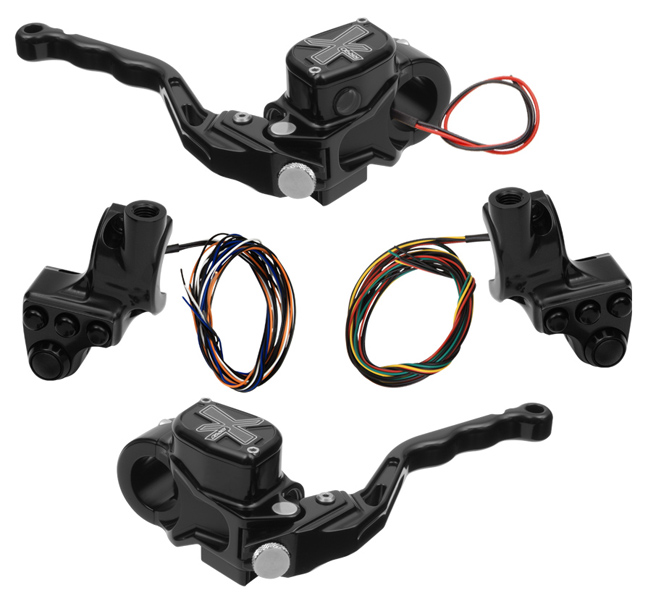hand controls RR90X radial brake master cylinder w/ brake switch for dual caliper + hydraulic clutch w/out switch + 4-button switch clamps w/ mirror hole – black