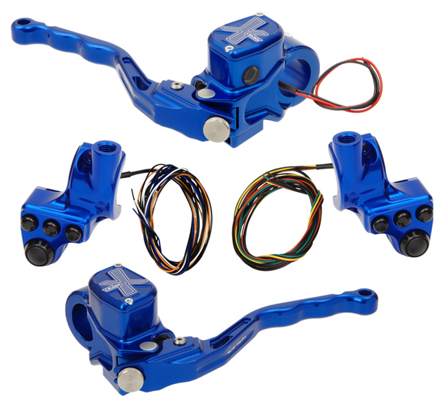 hand controls RR90X radial brake master cylinder w/ brake switch for dual caliper + hydraulic clutch w/out switch + 4-button switch clamps w/ mirror hole – blue