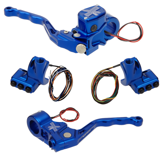hand controls RR90X radial brake master cylinder w/ brake switch for dual caliper + cable clutch w/ switch + 3-button switch clamps w/ mirror hole – blue