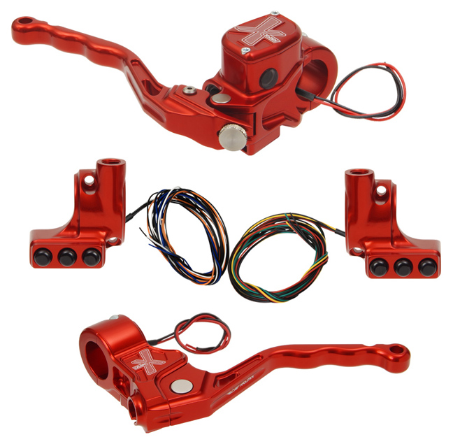 hand controls RR90X radial brake master cylinder w/ brake switch for single caliper + cable clutch w/ switch + 3-button switch clamps w/ mirror hole – red
