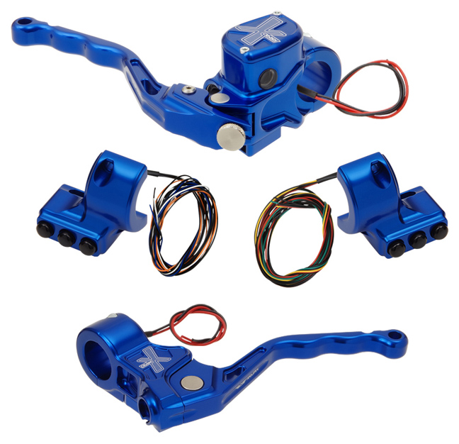 hand controls RR90X radial brake master cylinder w/ brake switch for single caliper + cable clutch w/ switch + 3-button switch clamps w/out mirror hole – blue