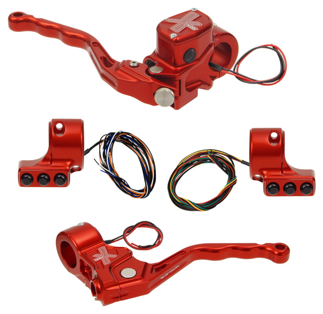 hand controls RR90X radial brake master cylinder w/ brake switch for dual caliper + cable clutch w/ switch + 3-button switch clamps w/out mirror hole – red