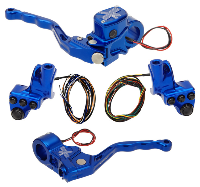 hand controls RR90X radial brake master cylinder w/ brake switch for dual caliper + cable clutch w/ switch + 4-button switch clamps w/ mirror hole – blue