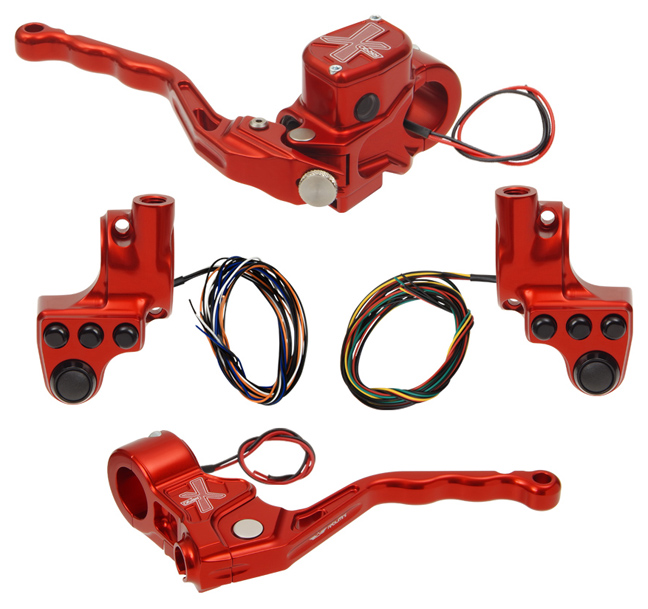 hand controls RR90X radial brake master cylinder w/ brake switch for single caliper + cable clutch w/ switch + 4-button switch clamps w/ mirror hole – red