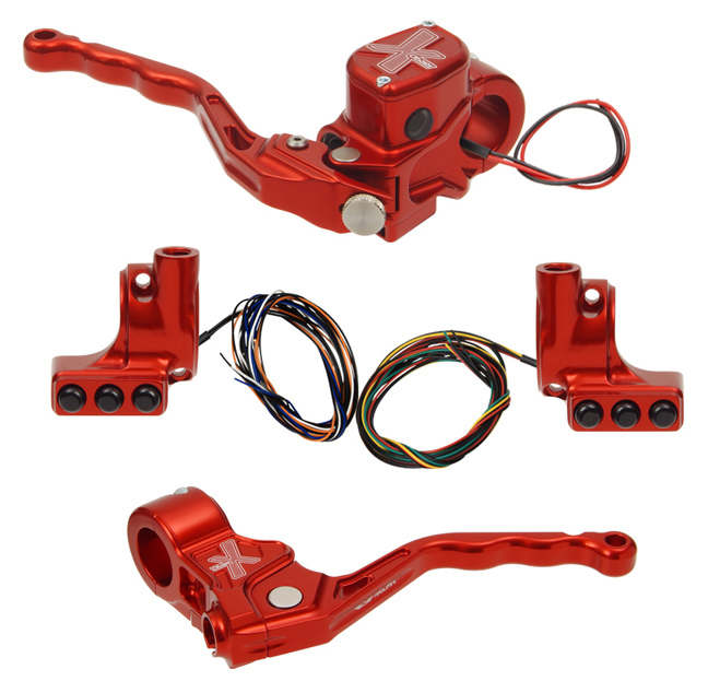 hand controls RR90X radial brake master cylinder w/ brake switch for single caliper + cable clutch w/out switch + 3-button switch clamps w/ mirror hole – red