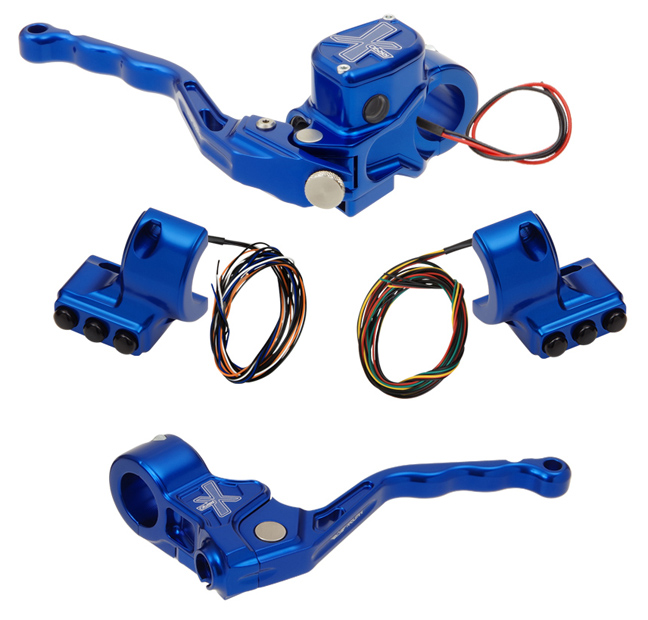hand controls RR90X radial brake master cylinder w/ brake switch for dual caliper + cable clutch w/out switch + 3-button switch clamps w/out mirror hole – blue