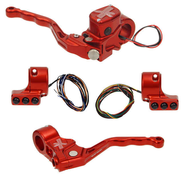hand controls RR90X radial brake master cylinder w/ brake switch for dual caliper + cable clutch w/out switch + 3-button switch clamps w/out mirror hole – red