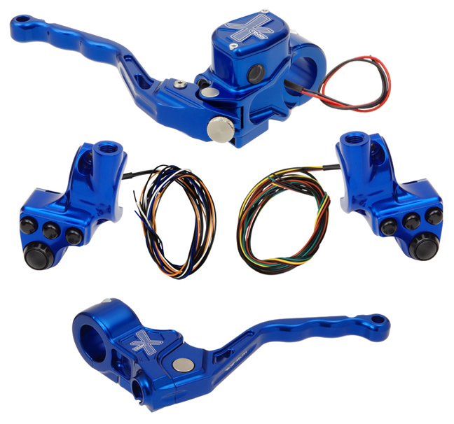 hand controls RR90X radial brake master cylinder w/ brake switch for dual caliper + cable clutch w/out switch + 4-button switch clamps w/ mirror hole – blue