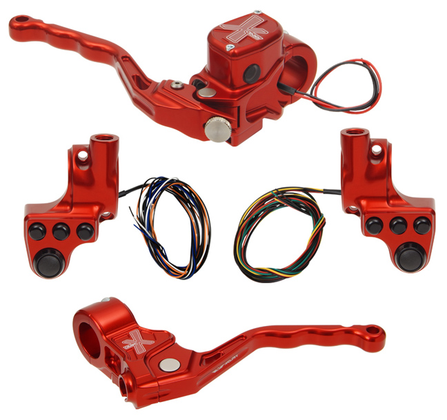 hand controls RR90X radial brake master cylinder w/ brake switch for dual caliper + cable clutch w/out switch + 4-button switch clamps w/ mirror hole – red