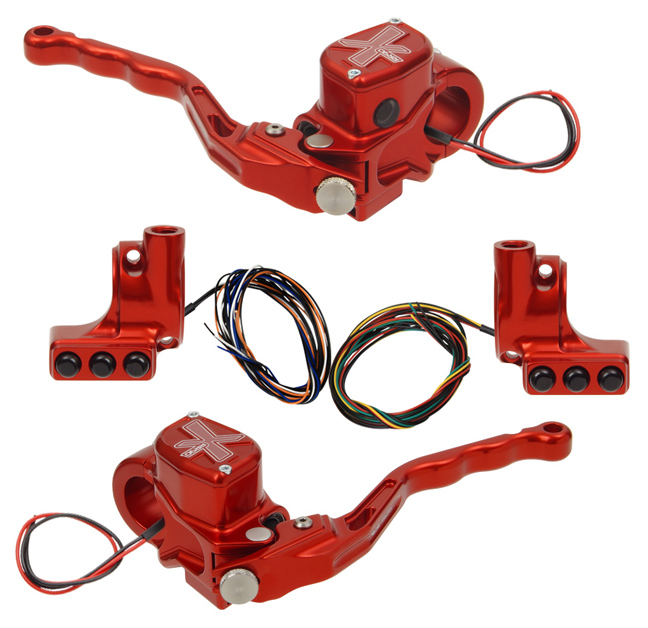 hand controls RR90X radial brake master cylinder w/ brake switch for dual caliper + hydraulic clutch w/ switch + 3-button switch clamps w/ mirror hole – red