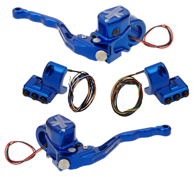 hand controls RR90X radial brake master cylinder w/ brake switch for dual caliper + hydraulic clutch w/ switch + 3-button switch clamps w/out mirror hole – blue