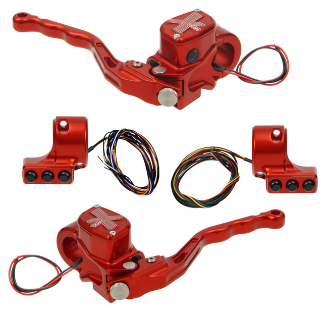 hand controls RR90X radial brake master cylinder w/ brake switch for single caliper + hydraulic clutch w/ switch + 3-button switch clamps w/out mirror hole – red