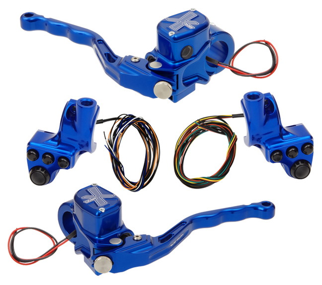 hand controls RR90X radial brake master cylinder w/ brake switch for dual caliper + hydraulic clutch w/ switch + 4-button switch clamps w/ mirror hole – blue