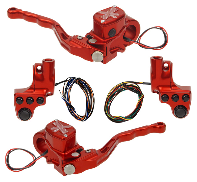hand controls RR90X radial brake master cylinder w/ brake switch for dual caliper + hydraulic clutch w/ switch + 4-button switch clamps w/ mirror hole – red