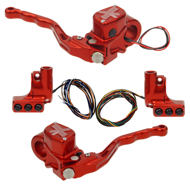 hand controls RR90X radial brake master cylinder w/ brake switch for dual caliper + hydraulic clutch w/out switch + 3-button switch clamps w/ mirror hole – red