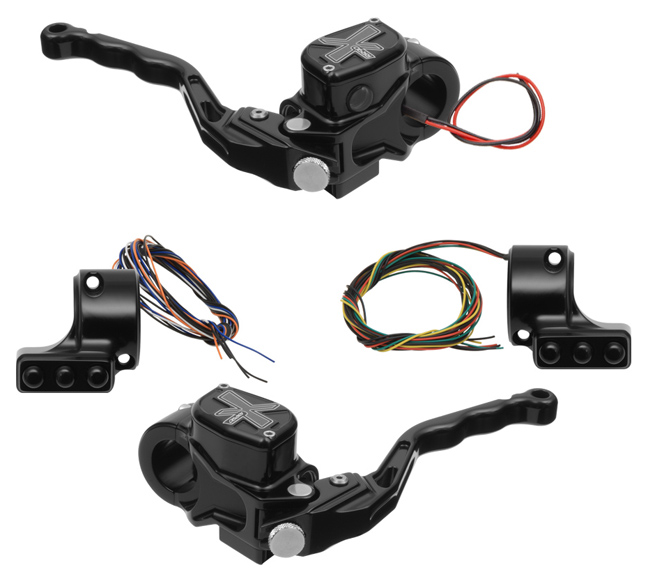 hand controls RR90X radial brake master cylinder w/ brake switch for dual caliper + hydraulic clutch w/out switch + 3-button switch clamps w/out mirror hole – black